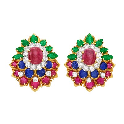 Lot 70 - Pair of Gold, Cabochon Ruby, Gem-Set and Diamond Earclips