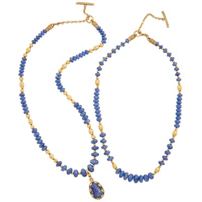Lot 172 - Two Gold and Tumbled Sapphire Bead Necklaces
