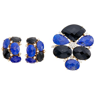 Lot 305 - Gold, Lapis, Black Onyx and Diamond Brooch and Pair of Earclips