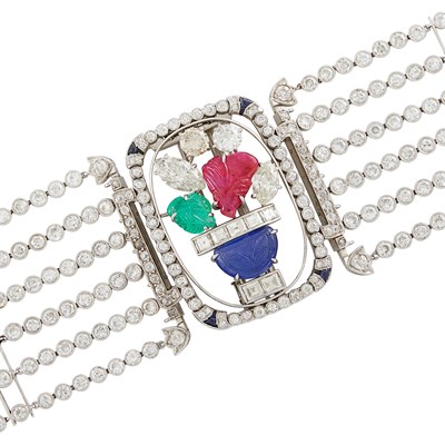 Lot 446 - Multistrand Platinum, Carved Colored Stone, Sapphire and Diamond 'Tutti Frutti' Clip-Brooch/Bracelet Combination, William Wise & Son