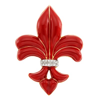 Lot 362 - Two-Color Gold, Red Enamel and Diamond Fleur-de-Lys Brooch