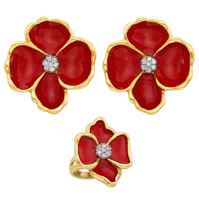Lot 366 - Pair of Gold, Red Enamel and Diamond Flower Earclips and Ring