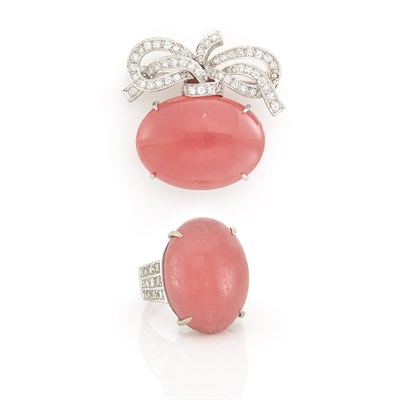 Lot 1804 - White Gold, Diamond and Cabochon Rhodochrosite Ring and Brooch