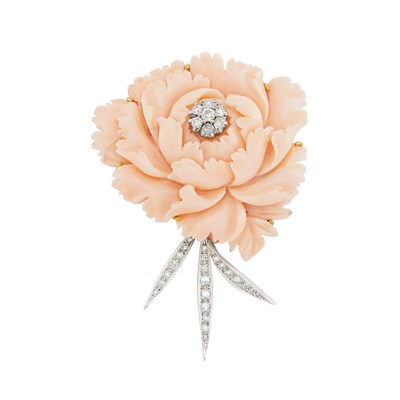 Lot 318 - White Gold, Carved Angel Skin Coral and Diamond Peony Brooch