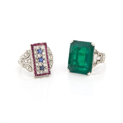 Lot 1208 - Platinum, Diamond, Ruby and Sapphire Star Ring and Green Glass Doublet and Diamond Ring