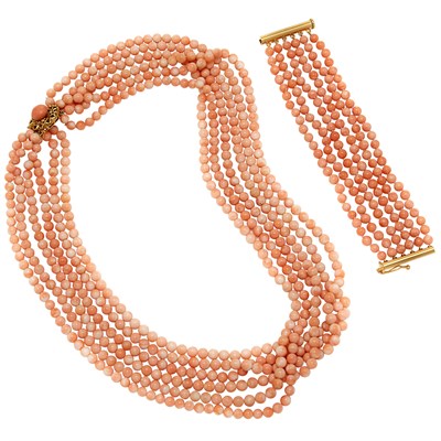 Lot 360 - Six Strand Angel Skin Coral Bead Necklace and Bracelet with Gold Clasps