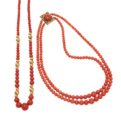 Lot 426 - Double Strand Coral Bead Necklace and Coral and Fluted Gold Bead Necklace