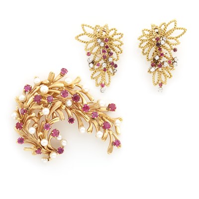 Lot 1254 - Gold, Cultured Pearl and Ruby Brooch, Cellino, Pair of Gold, Diamond and Ruby Earrings