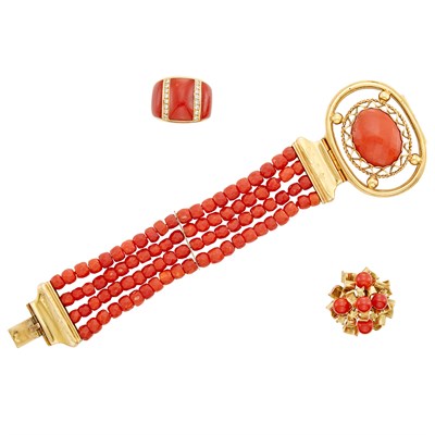 Lot 369 - Multistrand Coral Bead Bracelet with Gold and Coral Clasp and Two Coral and Diamond Rings