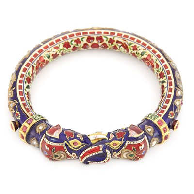 Lot 1553 - Indian Gold, Enamel and Foil-Backed Ruby and White Sapphire Elephant Bangle Bracelet