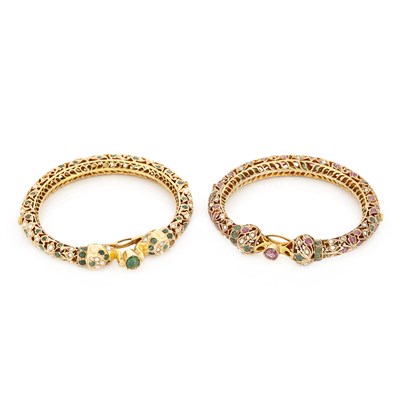 Lot 1651 - Pair of Indian Silver-Gilt, Colored Stone and Split Pearl Bangle Bracelets