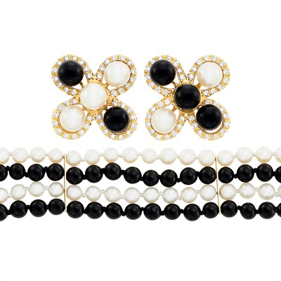 Lot 272 - Four Strand Black Onyx, Cultured Pearl, Gold and Diamond Bracelet and Pair of Earclips