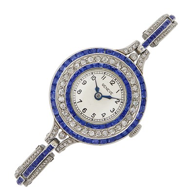Lot 189 - Platinum, Sapphire and Diamond Wristwatch, France