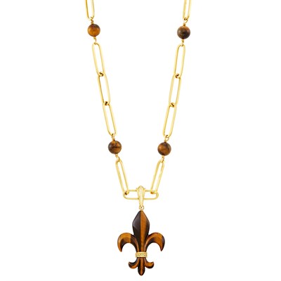 Lot 92 - Gold, Tiger's Eye and Diamond Link Fleur-de-Lys Pendant-Necklace