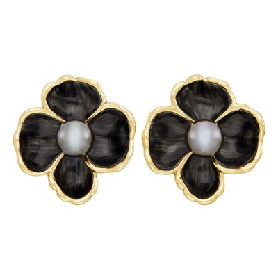 Lot 55 - Pair of Gold, Gray Cultured Pearl and Enamel Flower Earclips