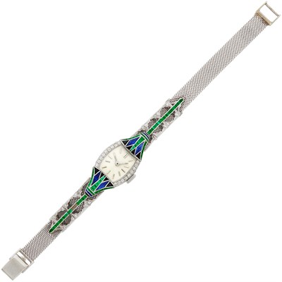 Lot 531 - Platinum, Low Karat White Gold Mesh, Diamond, Sapphire and Emerald Wristwatch