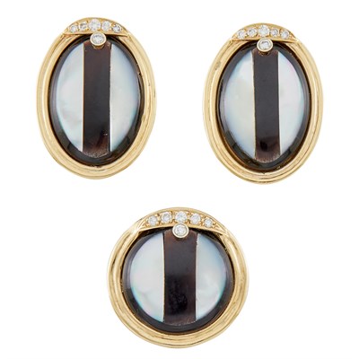Lot 130 - Pair of Gold, Black Onyx, Mother-of-Pearl and Diamond Earclips and Ring