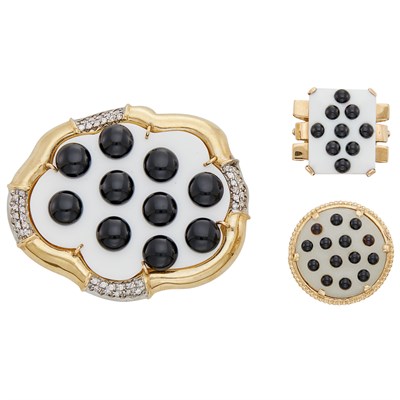 Lot 150 - Two Gold, White and Black Onyx, White Jade and Diamond Polka Dot Rings and Brooch