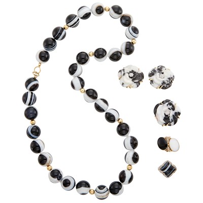 Lot 273 - Group of Black and White Agate, Gold and Diamond Jewelry