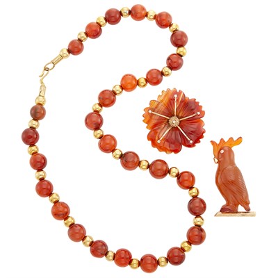 Lot 353 - Carnelian and Gilt-Metal Bead Necklace, Carved Carnelian, Gold and Diamond Flower Pendant-Brooch and Bird Brooch