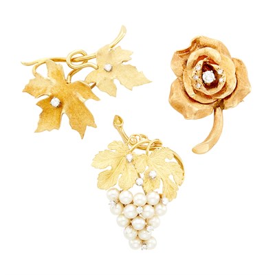 Lot 52 - Three Gold, Diamond and Cultured Pearl Brooches