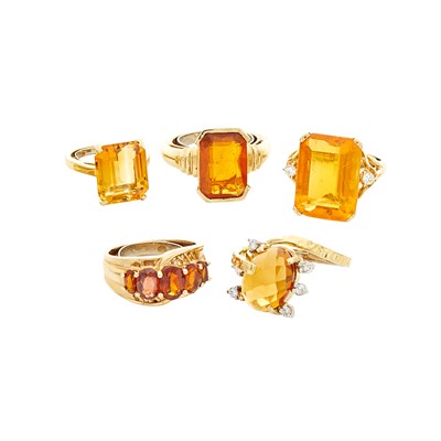 Lot 320 - Four Gold, Citrine and Diamond Rings and Fire Opal Ring