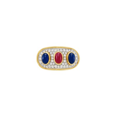 Lot 183 - Two-Color Gold, Cabochon Colored Stone and Diamond Ring