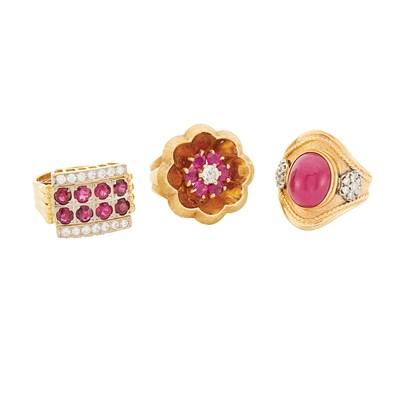 Lot 174 - Three Gold, Ruby and Diamond Rings