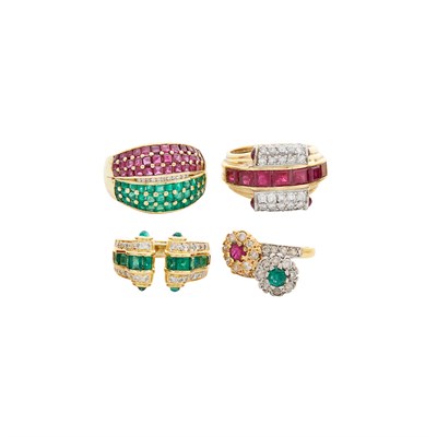 Lot 193 - Four Gold, Emerald, Ruby and Diamond Rings