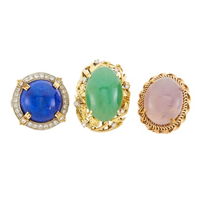 Lot 229 - Three Gold, Lapis, Lavender Jade, Nephrite and Diamond Rings
