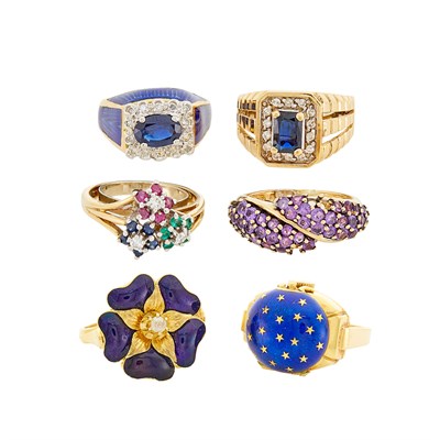 Lot 303 - Five Gold, Colored Stone, Enamel and Diamond Rings and Enamel Watch-Ring