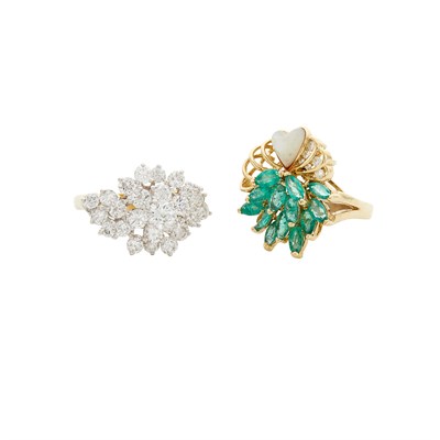 Lot 119 - Two-Color Gold and Diamond Cluster Ring and Gold, Emerald, Mother-of-Pearl and Diamond Cluster Ring