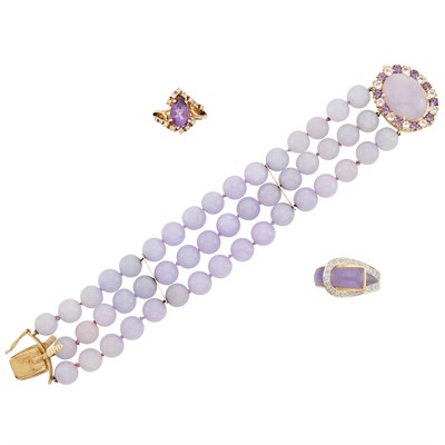 Lot 260 - Triple Strand Lavender Jade Bead, Gold, Amethyst and Simulated Diamond Bracelet and Two Rings