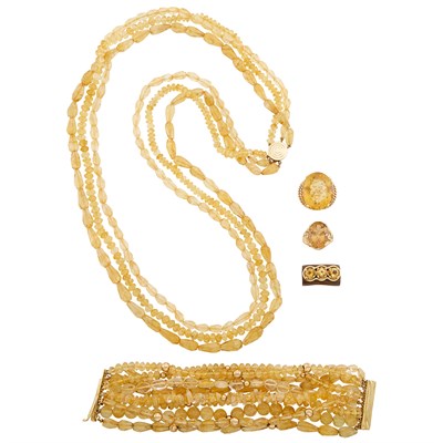 Lot 106 - Multistrand Citrine Bead Necklace and Bracelet and Three Gold, Citrine and Wood Rings
