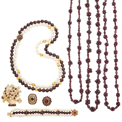 Lot 237 - Group of Garnet, Cultured and Freshwater Pearl and Gold Jewelry