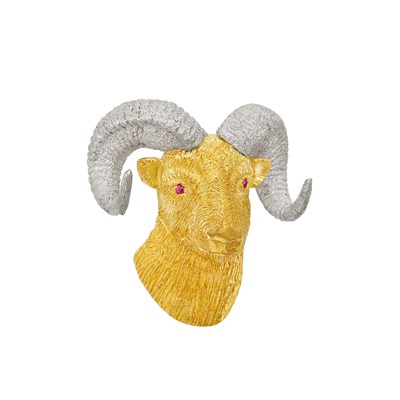 Lot 37 - Two-Color Gold and Ruby Ram's Head Pendant-Brooch