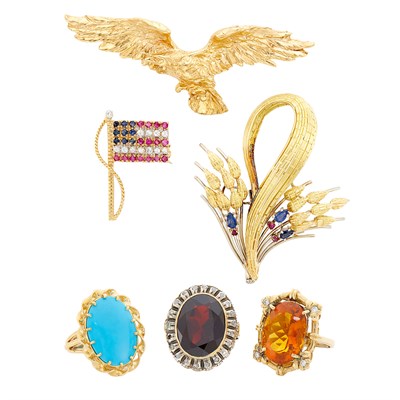 Lot 185 - Three Gold, Gem-Set, Diamond and Simulated Diamond Brooches and Three Rings