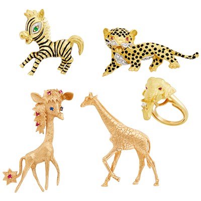Lot 14 - Four Gold, Enamel, Diamond and Gem-Set Animal Brooches and Elephant Ring