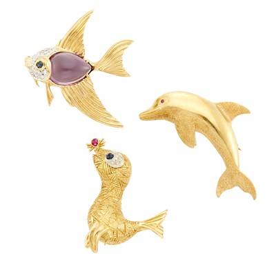 Lot 269 - Three Gold, Gem-Set and Diamond Aquatic Animal Brooches
