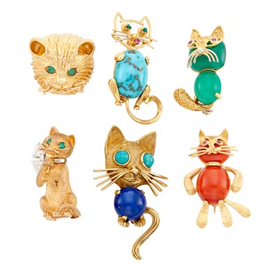 Lot 280 - Six Gold, Coral, Green Onyx and Diamond Dog and Cat Pins