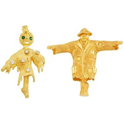 Lot 312 - Two Gold, Diamond and Simulated Emerald Scarecrow Brooches