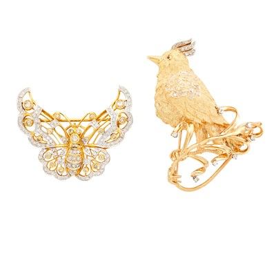 Lot 262 - Two Two-Color Gold and Diamond Butterfly and Bird Brooches