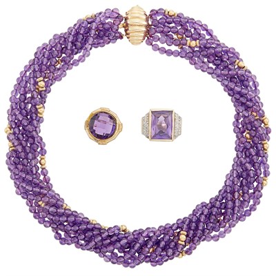 Lot 257 - Multistrand Amethyst Bead Necklace and Two Rings