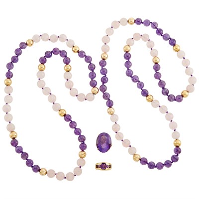 Lot 264 - Pair of Amethyst and Rose Quartz Bead Necklaces and Two Gold and Amethyst Rings