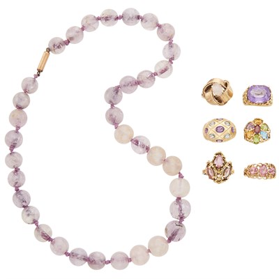 Lot 328 - Six Gold and Colored Stone Rings and Bead Necklace