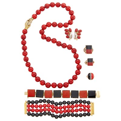 Lot 227 - Group of Red Stone Bead, Black Onyx, Gold, Metal and Diamond Jewelry
