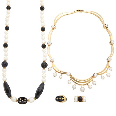 Lot 122 - Group of Gold, Silver, Cultured and Freshwater Pearl, Black Onyx, Diamond and Black Diamond Jewelry