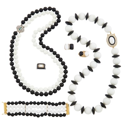 Lot 134 - Two White and Black Onyx Bead Necklaces with Gold and Diamond Clasps, Four Strand Bracelet and Three Rings
