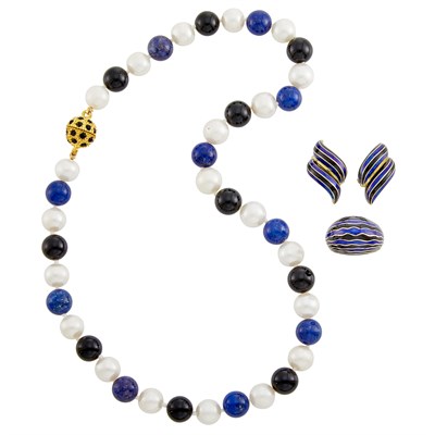 Lot 216 - Cultured Pearl, Lapis and Black Onyx Bead Necklace, Pair of Gold, Blue and Black Enamel Earclips and Dome Ring