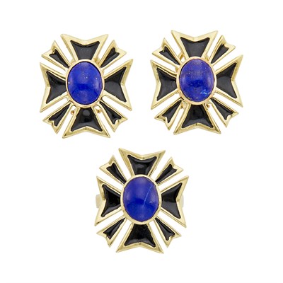 Lot 233 - Pair of Gold, Lapis and Black Enamel Maltese Cross Earclips and Ring